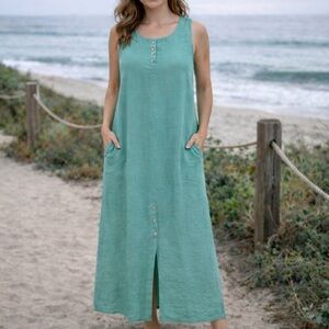 VTG Deadstock Gerties Turquoise Linen Sleeveless Maxi Dress Pockets USA Made XL